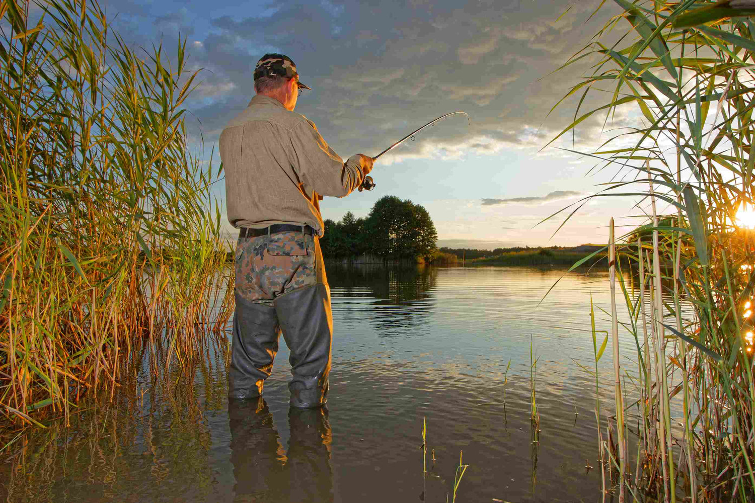 Angler steht mit Wathose und Angel im See