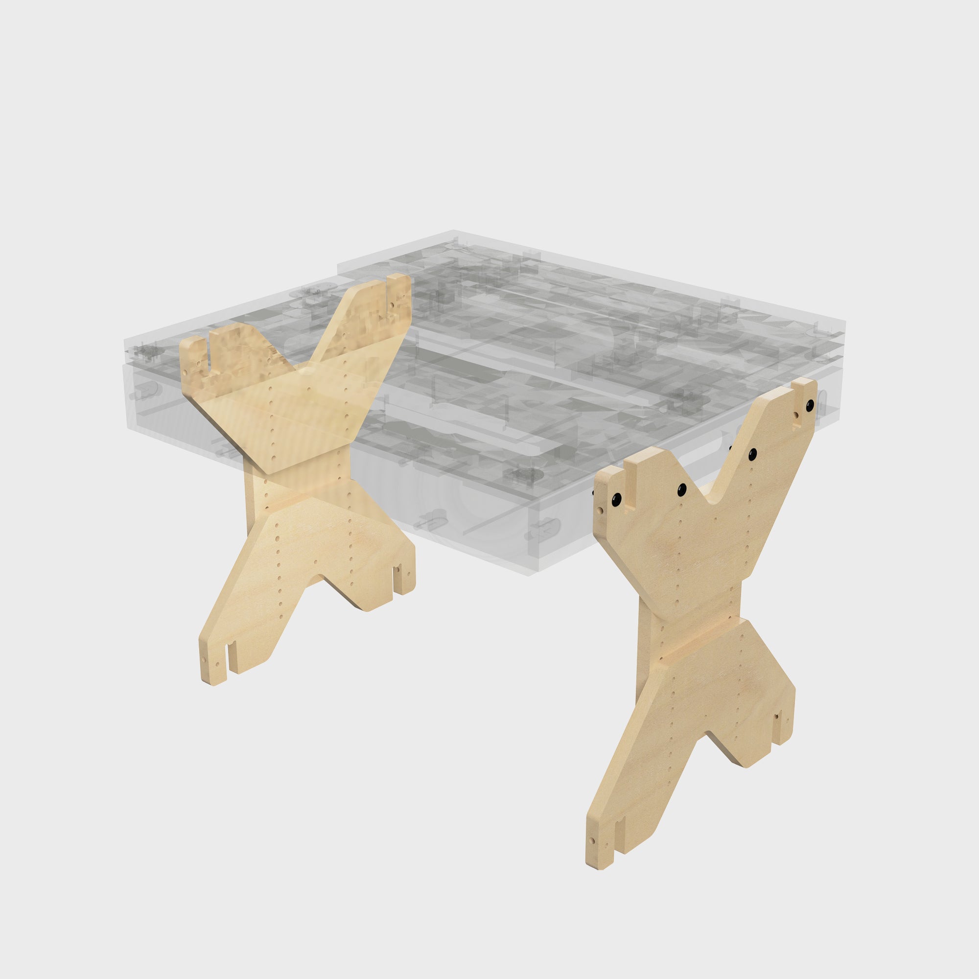 Zwei X-förmige Holztischelemente neben einer transparenten Tischplatte, die zusammengebaut werden sollen.