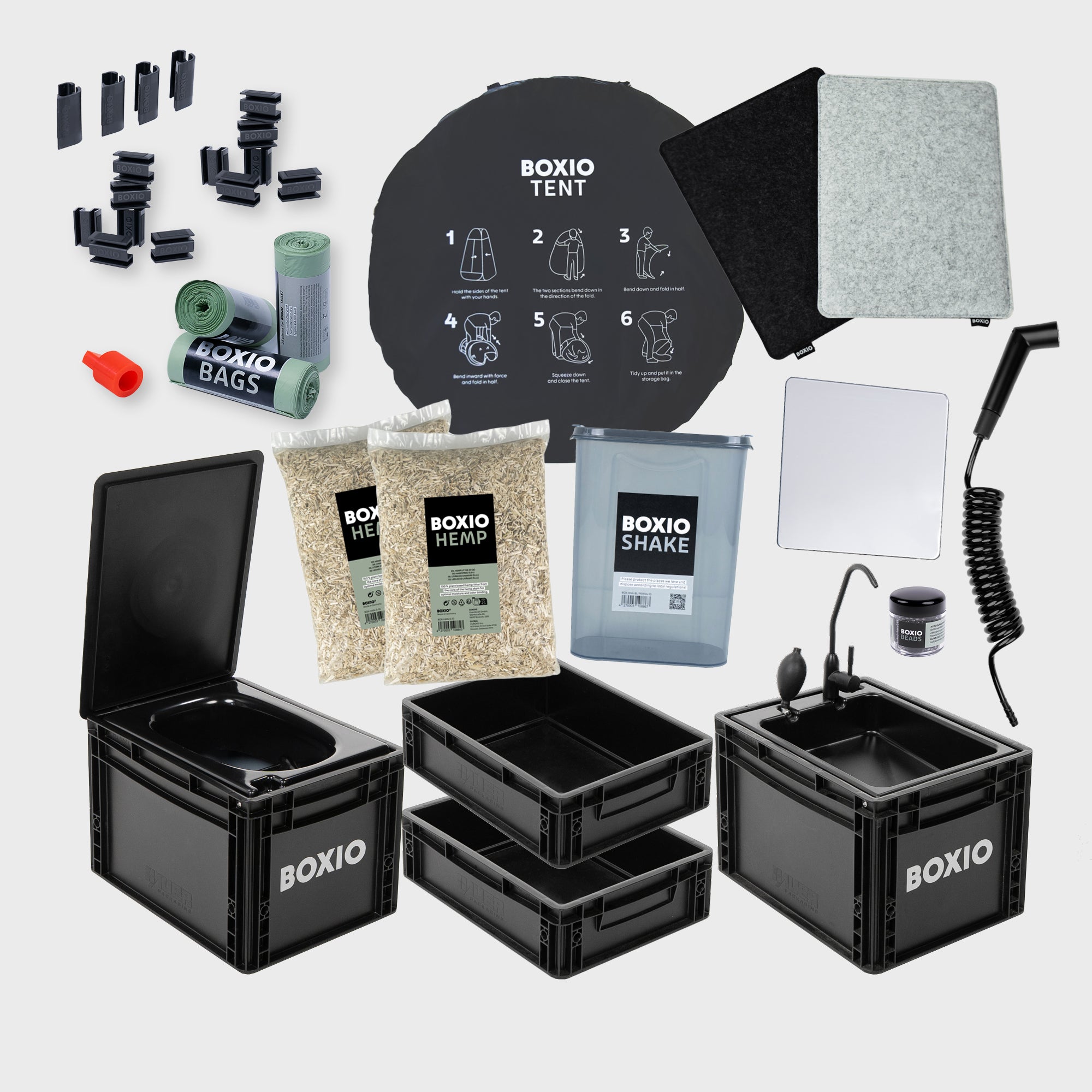 BOXIO Sanitary Plus bundle featuring portable bathroom components in two Euroboxes, including tent and accessories.