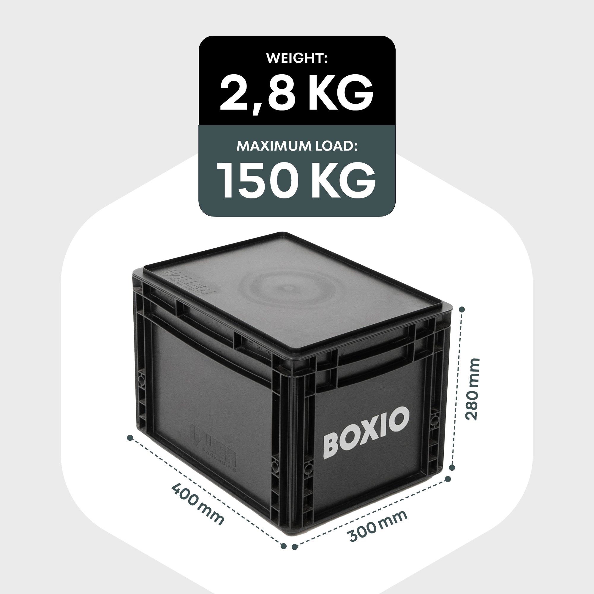 Schwarze Kunststoffbox mit Maßen 400x300x280 mm, Gewicht 2,8 kg, maximaler Belastung von 150 kg.