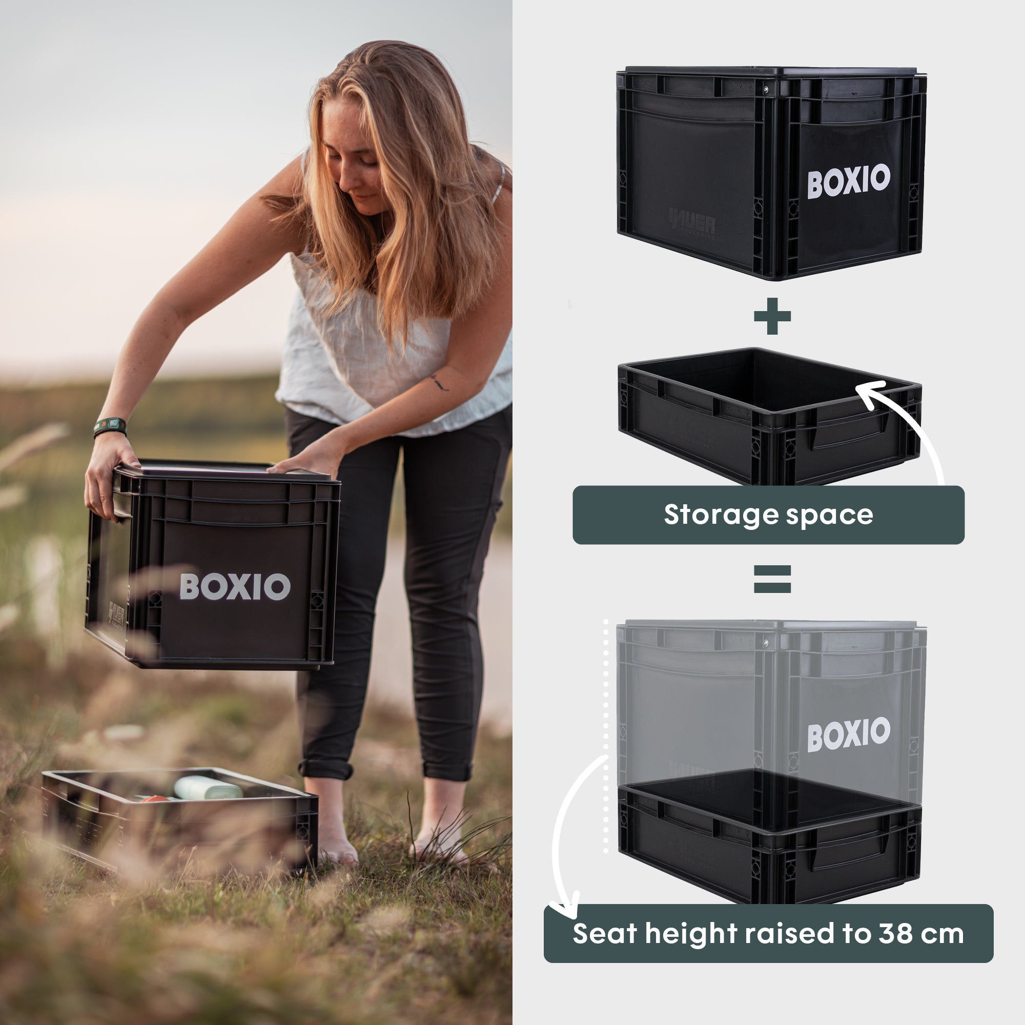Frau hebt eine schwarze BOXIO-Box aus einer Wiese, neben ihr eine Grafik zur Erhöhung der Sitzhöhe auf 38 cm durch die Box.